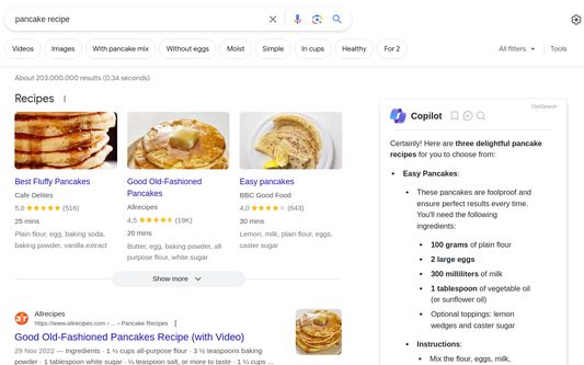 Use case of the extension "Copilot in Google" inside Google result page