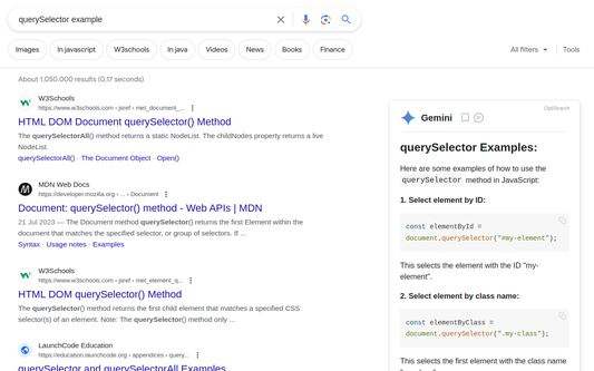 Use case of the extension "Gemini next to Google results" inside Google result page for a dev question