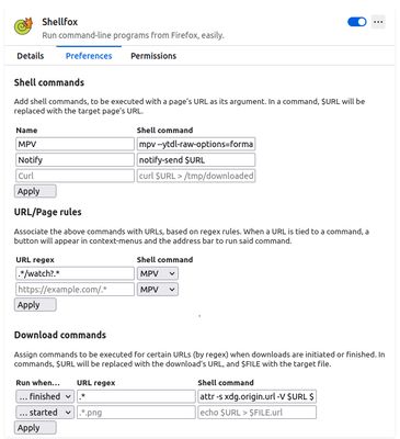 The Shellfox settings page. There are three sections: “Shell commands”, “URL/Page rules”, and “Download commands”. In the shell commands section, there is a description: “Add shell commands, to be executed with a page’s URL as its argument. In a command, $URL is the URL.”