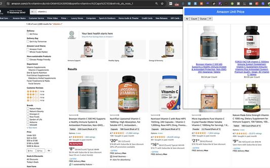Amazon search page, featuring unit price popup.