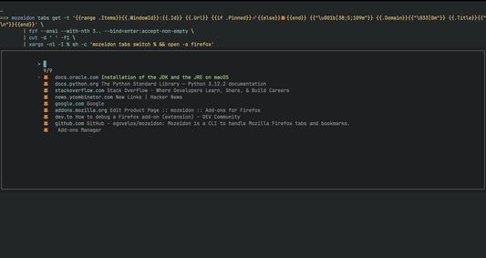 Mozeidon CLI with fzf : search and open tabs from inside your terminal.