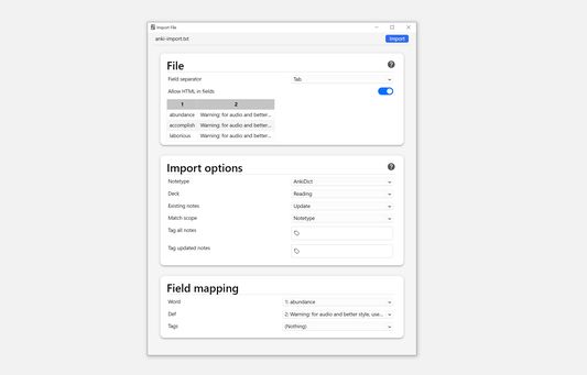 example screenshot of import into Anki