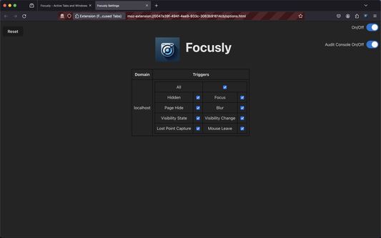 Focusly Settings page. All configured domains will appear here alongside the configured events to act on. Focusly On/Off, Audit On/Off and Reset button are also visible.