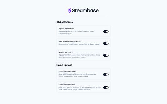 Better Steam extension showing user settings and options