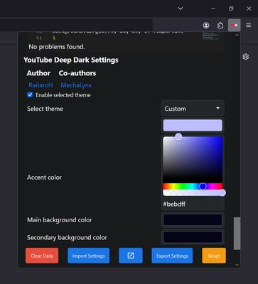 This screenshot shows the colors available for the "Custom" YouTube Deep Dark theme