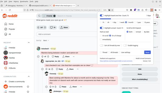 Screenshot of User Settings popup and highlighted unread comments and highlighted comments by time.