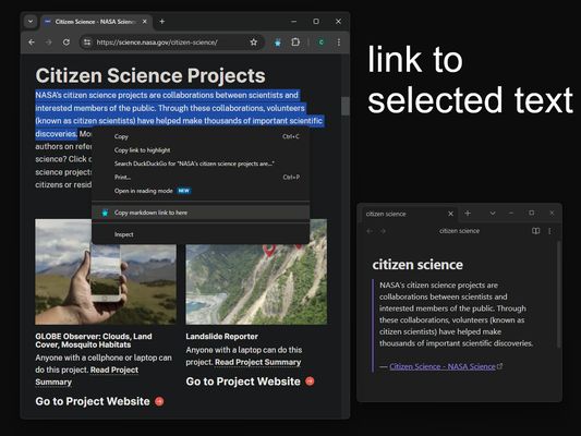right-click selected text to create a blockquote with a text fragment link