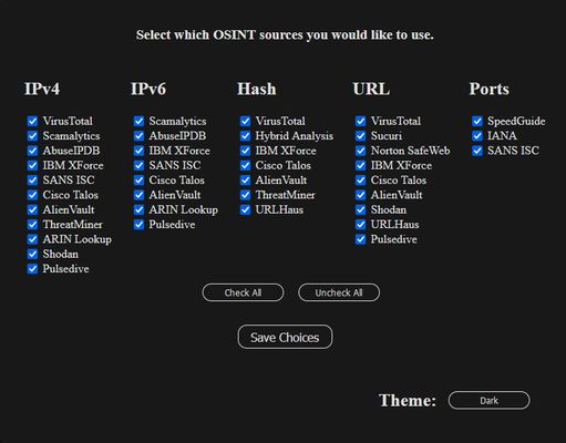 Options page with Dark theme (other themes are available)