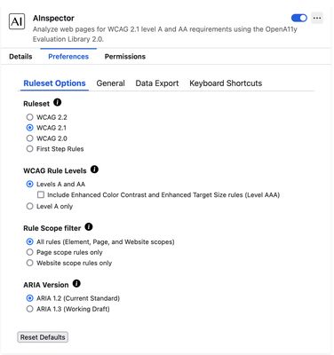 Preferences page for ruleset options and ARIA version.