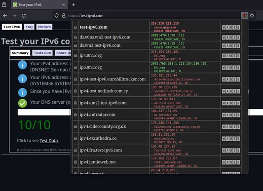 Example with test-ipv6.com, showing all the hosts connected, their IPv4/IPv6 IPs, hostnames & ASNs.