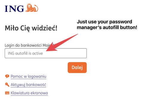 ING Poland's login page, with the added username field placeholder indicating the extension is active.