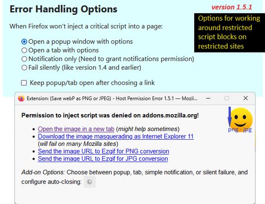 (New in v1.5.1) Fifth part of the Options panel + Popup: workaround options for sites where the buttons bar can't be inserted.