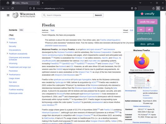 uwuify being used on the Wikipedia article for Firefox