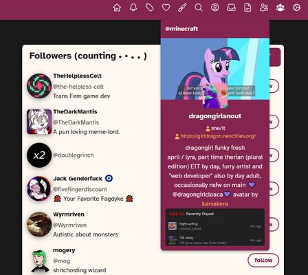 The cohost followers page, showing a loading icon and showcasing the url info feature.