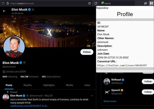 Twitter profile info showing its ID and a canonical link.