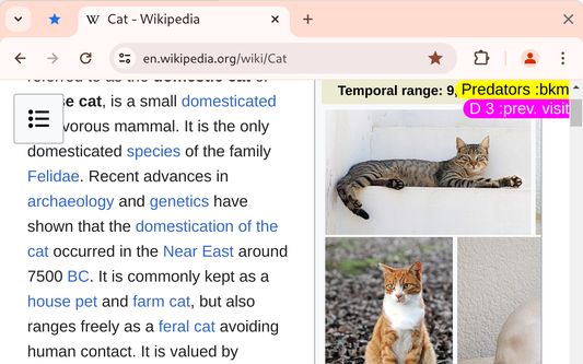 The Bookmarks Info extension shows for the current URL previous visit and bookmarks folder.