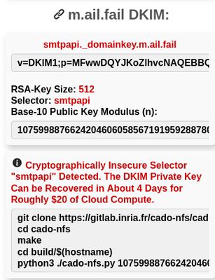 A DKIM selector uses a weak RSA key that can be cracked and used to sign spoofed emails.