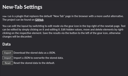 The popup menu allows export, importing or resetting the stored data.