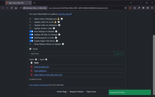 Options Page with Imported Sites