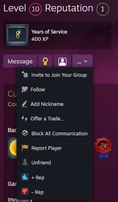 Reputation next to the user's Steam level. +Rep and -Rep buttons in the dropdown.