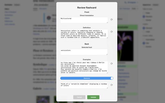 2. Review the flashcard: Check the AI-generated direct translation, definition, example sentences, and mnemonic. You can request a new generation or manually edit any part of the card if needed.