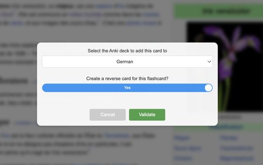 3. Choose the deck: Select the Anki deck to add your new flashcard to, and you're done! If needed, you can also request the creation of a reverse flashcard.