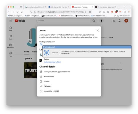 YouTube JournalList account page with validated Trust URI pop-up.