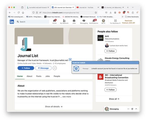 LinkedIn JournalList account page with validated Trust URI pop-up.