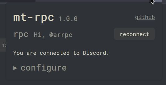 mt-rpc popup, showing version and that I'm connected as @arrpc