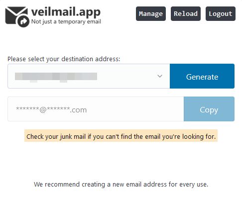 Generate forwarding address screen.