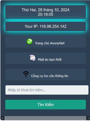 Giao diện addon là các tính năng cơ bản như xem ngày giờ hiện tại, IP hiện tại và các đường dẫn truy cập tiện ích mà AnonyViet cung cấp miễn phí cho bạn. Tính năng tìm kiếm dùng để tìm các bài viết có giá trị trên Website anonyviet.com