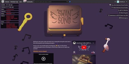 A game on Itch dot i o called swan song. The image looks darker but has a friendly feeling. 
The Page includes my addon on the left side displaying information about supported platforms, authors, tags and more.