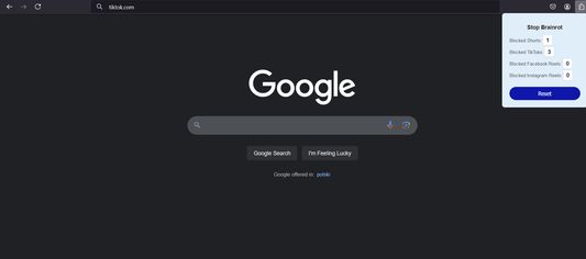 If you try to access tiktok.com, Instagram Reels, or Facebook Reels, you’ll be redirected to google.com. Additionally, the plugin tracks and displays the number of times you've attempted to engage in time-wasting content. You can reset the counter any time.