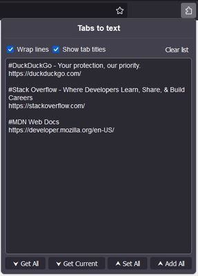 Example of typical input or output. Such list can either be the list of current opened tabs or tabs to be opened.