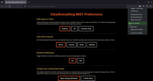 Quick Setup: Right click to pin ClearEverything MIST to your toolbar for instant access to privacy controls [Recommended]
