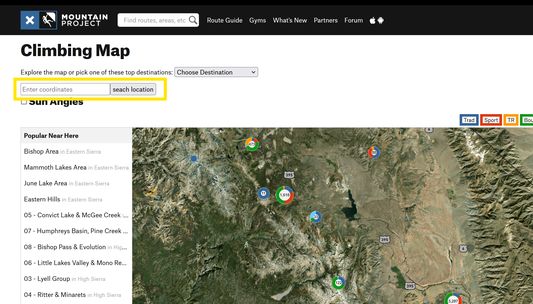 The box highlighted in yellow contains the added HTML that allows a mountain project user to move the map to entered coordinates without clicking and dragging the map.
