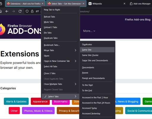 In the tab context menu