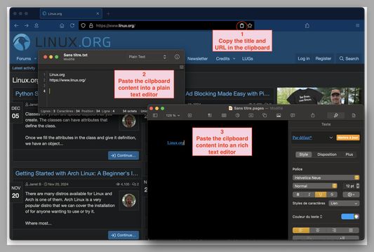 Steps to follow : 
1/ Copy the title and the URL of the tab by clicking on the button
2/ Paste the content into a plain text editor OR
3/ Paste the content into a rich text editor