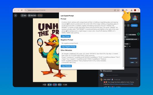 Clean and organized popup displaying Prompt, Negative Prompt, and Other Metadata.