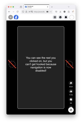 An example facebook page, with a reel placeholder, and the navigation buttons disabled.