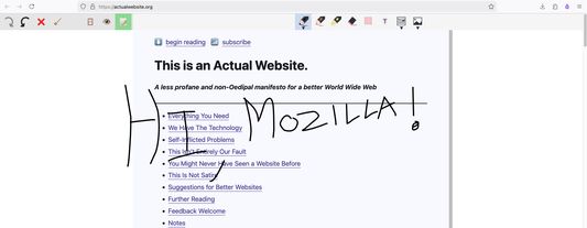 An image showing a website with the words "Hi, Mozilla!" scrawled over it in handwritten black text.