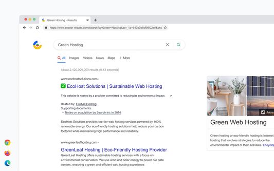 Browser search results, showing websites that run on green energy identified by a green plant icon, and supporting documentation.
