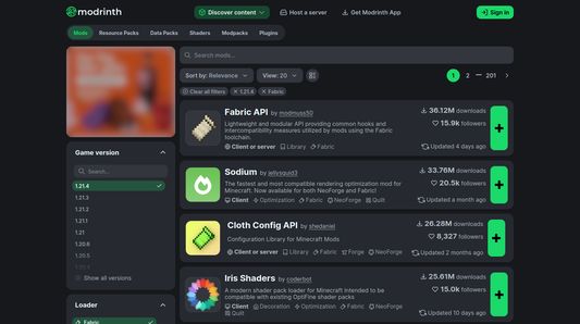 Modrinth search page showing added download buttons