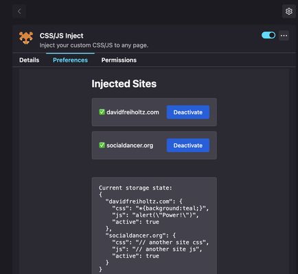 And in the config part of the extension you can see all sites. and also a basic cut and paste printout of all applied script. (there is no import/export feature yet)
To remove a site from the list just go to it and clean out both boxes and hit apply. Or uninstall the extension.