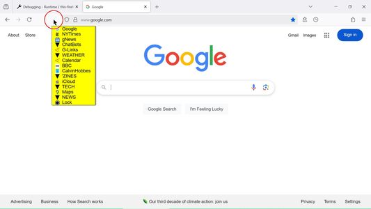 The BookmarksDropDown shows when the cursor is above the web page.