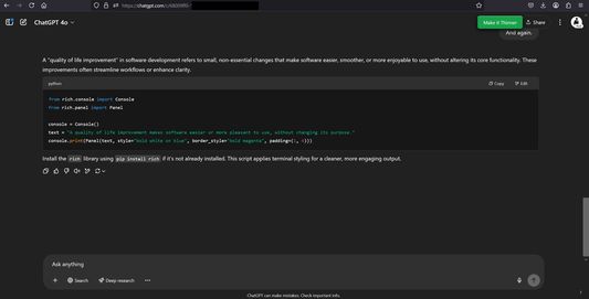 What your Chat GPT window  will look like thanks to this extension - much better, especially for coding!