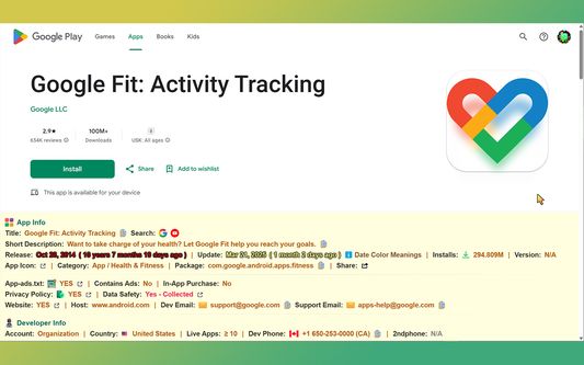 Access app metadata, developer details, and data safety info for ASO optimization.