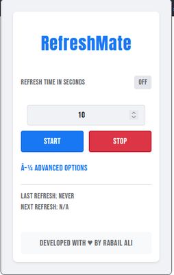Screenshots of the RefreshMate browser extension interface, showcasing the main controls for setting refresh intervals, starting/stopping the refresh, and advanced options like random interval, clear cache, URL list refresh, and more. Designed with a clean, user-friendly layout a