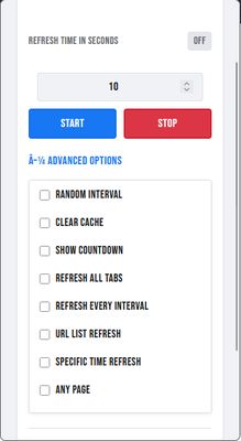Screenshots of the RefreshMate browser extension interface, showcasing the main controls for setting refresh intervals, starting/stopping the refresh, and advanced options like random interval, clear cache, URL list refresh, and more. Designed with a clean, user-friendly layout a