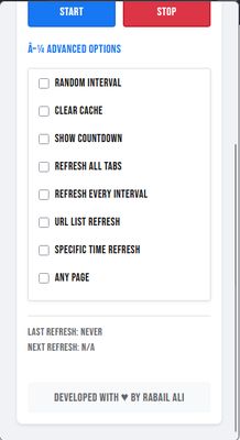Screenshots of the RefreshMate browser extension interface, showcasing the main controls for setting refresh intervals, starting/stopping the refresh, and advanced options like random interval, clear cache, URL list refresh, and more. Designed with a clean, user-friendly layout a
